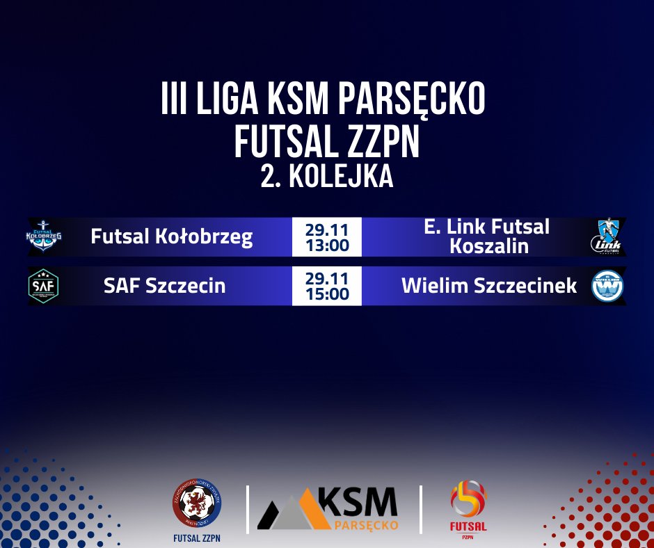 𝐈𝐈𝐈 𝐋𝐈𝐆𝐀 𝐊𝐒𝐌 𝐏𝐀𝐑𝐒Ę𝐂𝐊𝐎 𝐅𝐔𝐓𝐒𝐀𝐋 𝐙𝐙𝐏𝐍

Już w sobotę odbędzie się druga kolejka rozgrywek III ligi KSM Parsęcko Futsal ZZPN. Do gry wchodzi obrońca tytułu i już na starcie zagra szlagier z Wielimiem Szczecinek.
