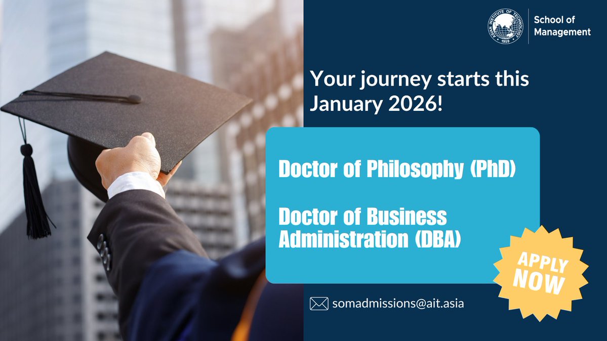 ait_som's tweet image. Take your leadership, expertise, and impact to the top with a #PhD or #DBA at #AITSOM

Be part of an international network of experts, innovators and decision-makers shaping the future of business. 

🔗 som.ait.ac.th
📨somadmissions@ait.asia