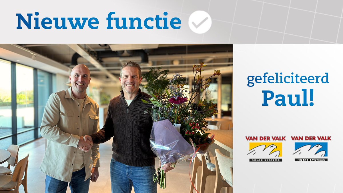 Een nieuwe functie!

Paul is na ruim 4,5 jaar werkzaam te zijn geweest als Operations Manager binnen ons bedrijf doorgegroeid naar Sustainability &amp; Compliance Manager.
Van harte gefeliciteerd Paul en succes in je nieuwe functie!

#ValkSystemen #ValkHortiSystems #ValkSolarSystems