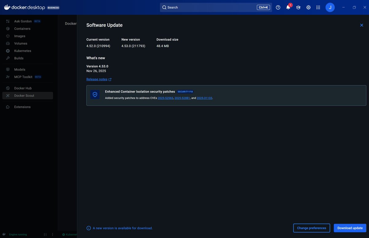 JamesvandenBerg's tweet image. Docker Desktop Update 4.53.0 🐳
docs.docker.com/desktop/releas…
Added security patches to address CVEs 2025-52565, 2025-52881, and 2025-31133 when using Enhanced Container Isolation. ✅
#Docker #DockerDesktop #Containers #Security #dockercaptains #SecOps #DevOps #developers @Docker