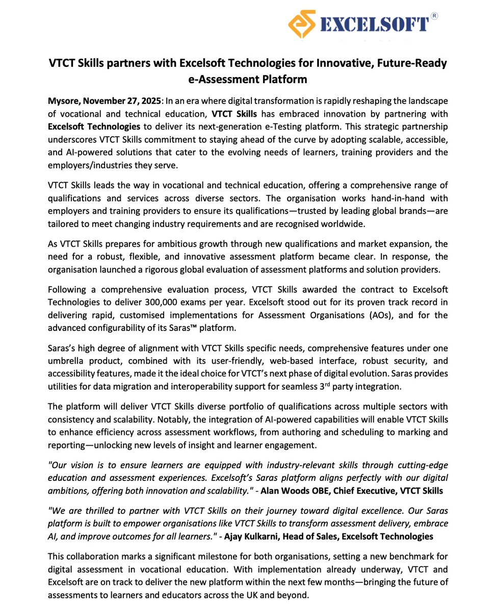 Paryan_Sharma's tweet image. Excelsoft Technologies Ltd

A Positive Development 👍🏻

VTCT Skills has announced a partnership with Excelsoft and awarded them a Contract to deliver the e-Testing platform for 300,000 Exams per Year

Excelsoft will deliver a new platform within the next few months

VTCT Skills…