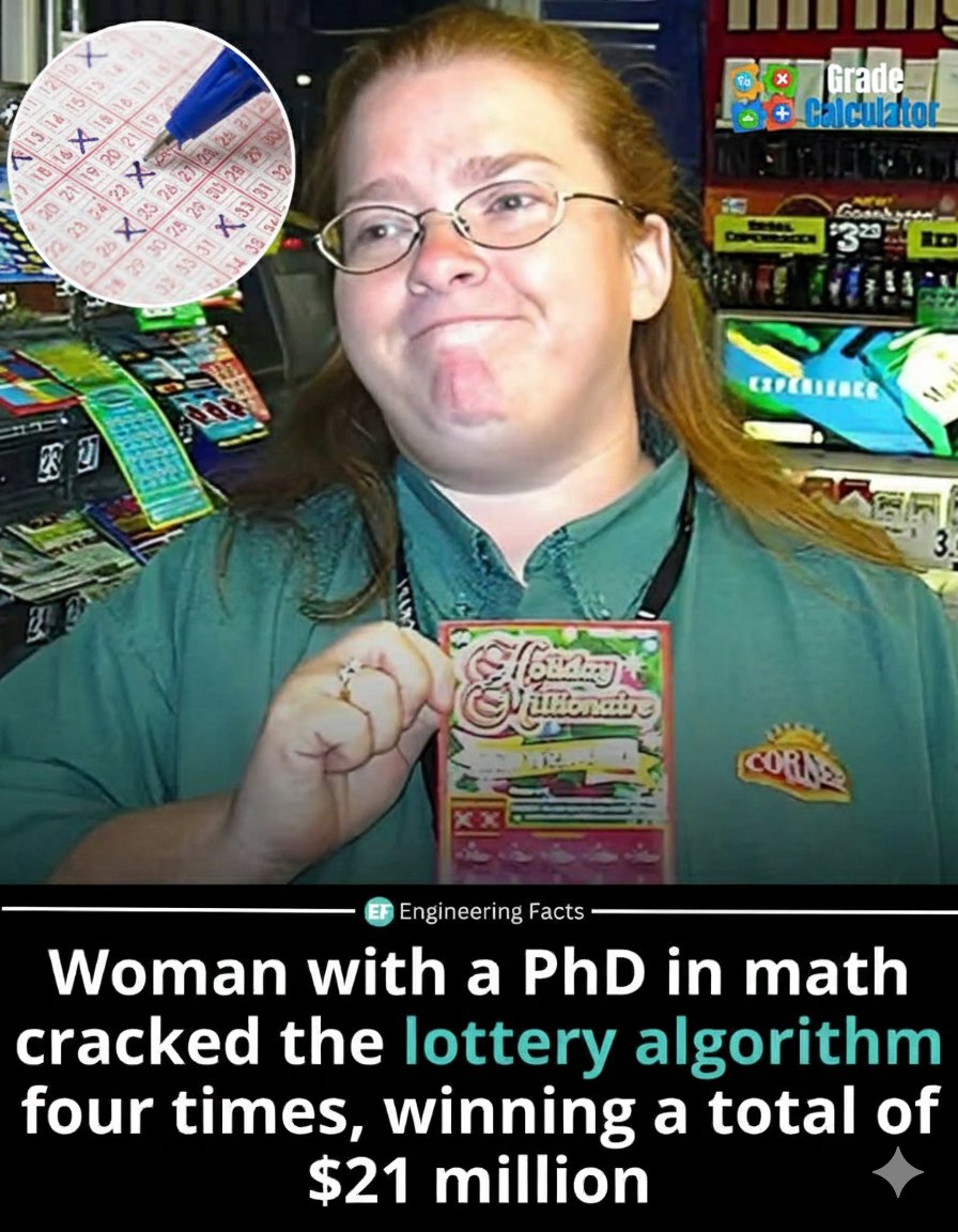 GradCalculator's tweet image. Math skills pay off! 🤑 This woman with a PhD cracked the lottery algorithm four times, taking home $21 million! Get your calculations right at gradcalculator.com. #Math #Lottery #BigWin