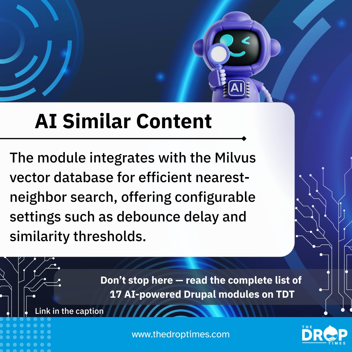 thedroptimes's tweet image. Revolutionize Drupal editing with the AI Similar Content module! Get real-time, AI-powered suggestions to boost content reuse &amp;amp; consistency. Integrates with Milvus. See the full list of 17 AI-powered Drupal modules: bit.ly/43qglEU