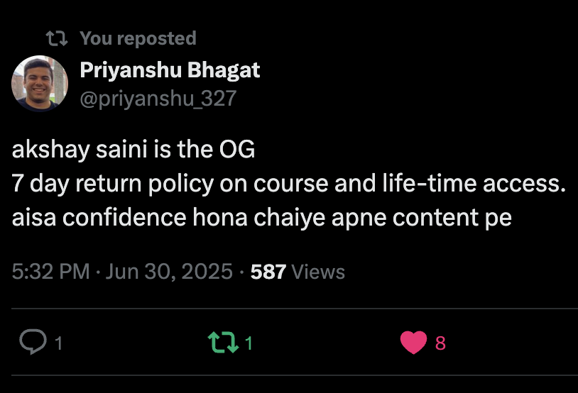 akshaymarch7's tweet image. There are no hidden terms and conditions.
We genuinely offer a 7 day No-questions asked 100% refund incase you don&apos;t like our courses.

It&apos;s a surprise for most people when I talk about our refund policy.

EdTech industry is well known for its scams and this is our way of…