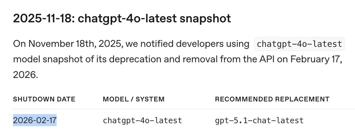 yusuke_m_MU's tweet image. 悲報：chatgpt-4o-latest のAPI提供が2026年2月17日に終了

コスト的には GPT-5.1 のほうがむしろ安かったりするんだけど、4o が結構好きで、僕も 4o で安定してた処理を GPT-5 に変えた時にいろいろ懲りたので、ずっと 4o を使い続けているものもある。

で、4o…