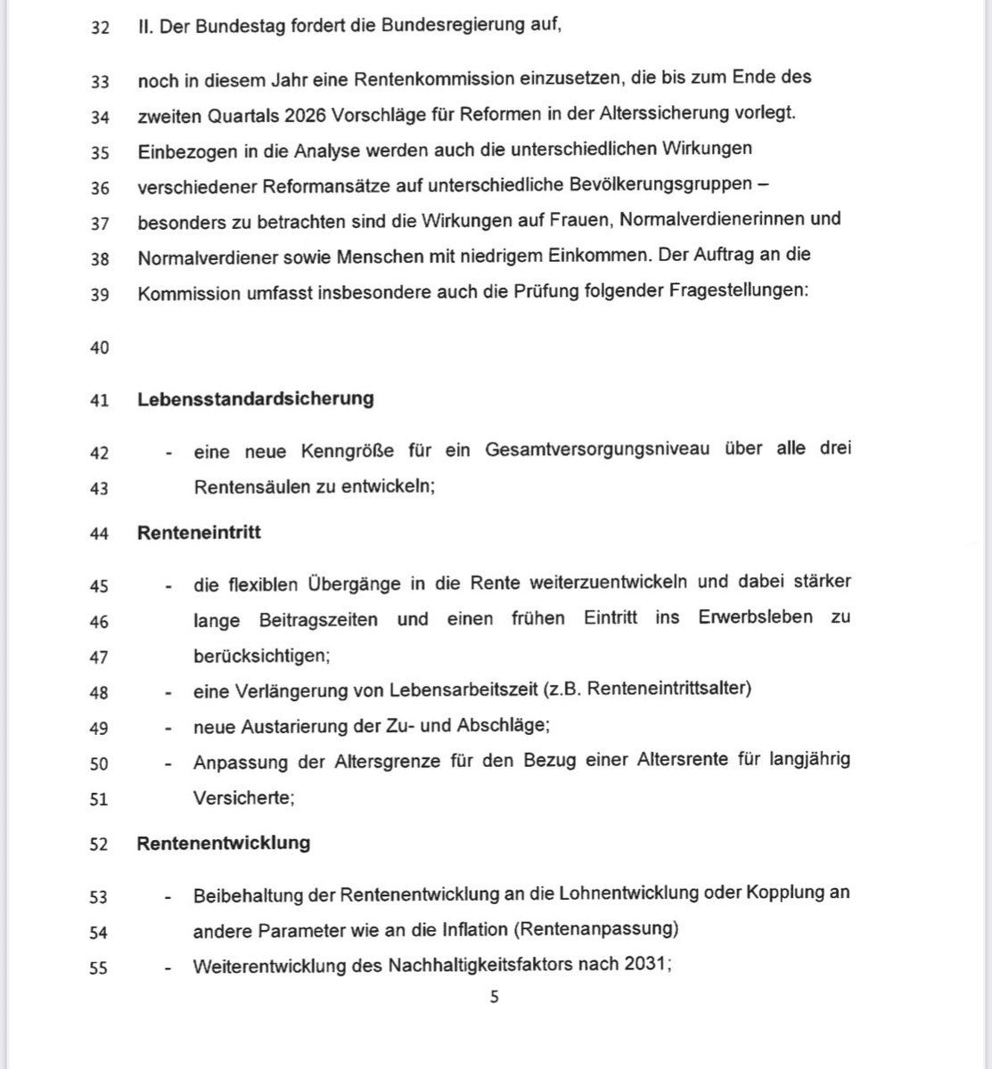 JuliusBetschka's tweet photo. Das ist der Rentenkompromiss: 

Die Rentenkommission soll sich explizit mit längerer Lebensarbeitszeit befassen, ebenso mit einem „Nachholfaktor“ für die Mehrausgaben der Haltelinie &amp; auf 10 Jahre stabile Beiträge. 

Ergebnisse im 2. Quartal 2026. Mehrheitsentscheidungen möglich. https://t.co/uWsDJ89wyr