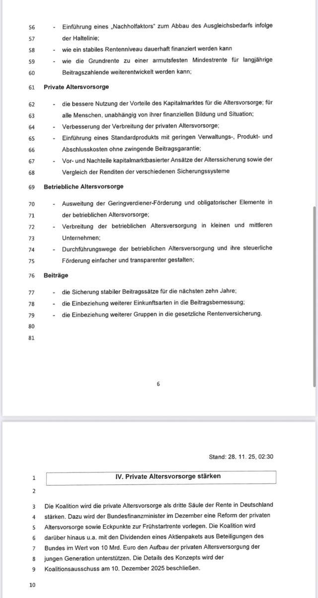 JuliusBetschka's tweet photo. Das ist der Rentenkompromiss: 

Die Rentenkommission soll sich explizit mit längerer Lebensarbeitszeit befassen, ebenso mit einem „Nachholfaktor“ für die Mehrausgaben der Haltelinie &amp; auf 10 Jahre stabile Beiträge. 

Ergebnisse im 2. Quartal 2026. Mehrheitsentscheidungen möglich. https://t.co/uWsDJ89wyr