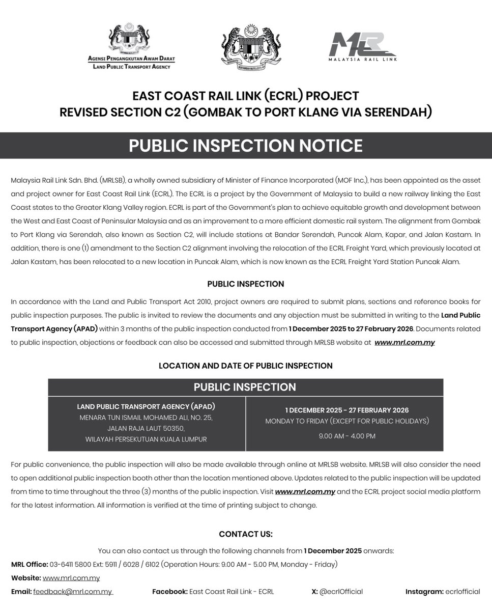 Pemeriksaan Awam Projek Laluan Rel Pantai Timur (ECRL) bagi Pindaan Seksyen C2 (Gombak-Serendah-Pelabuhan Klang) akan bermula daripada 1 Disember 2025 dan berakhir pada 27 Februari 2026. 

Maklumat lanjut: facebook.com/share/p/17pxgV…