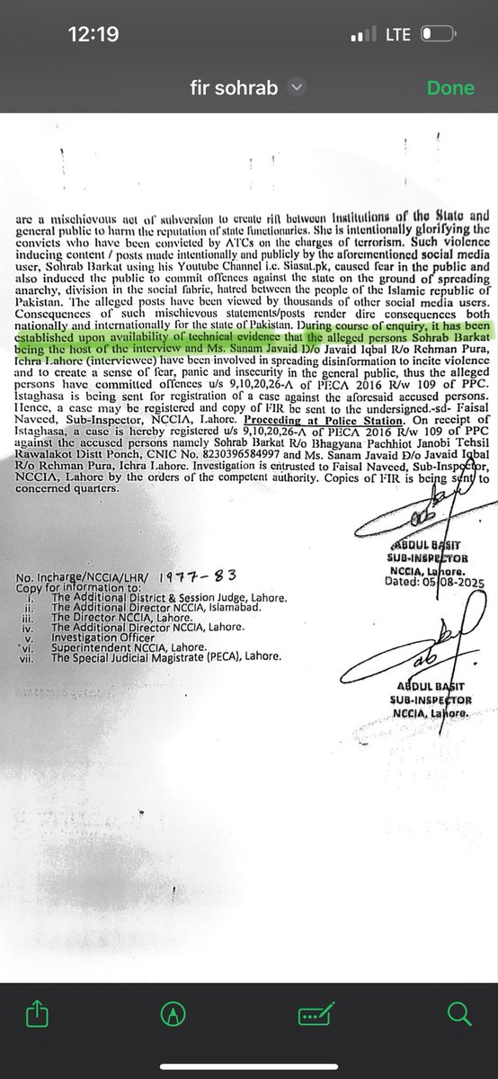 FIA/NCCIA submitted before the IHC that an (undisclosed) FIR, dated 05.08.2025, had been registered against <a href="/SohrabBarkatt/">Sohrab Barkat</a>, in Lahore.

Allegation: he was the ‘host of an interview’ of Sanam Javed.

Importantly, in the 2-month long proceeding, this was never disclosed till today.