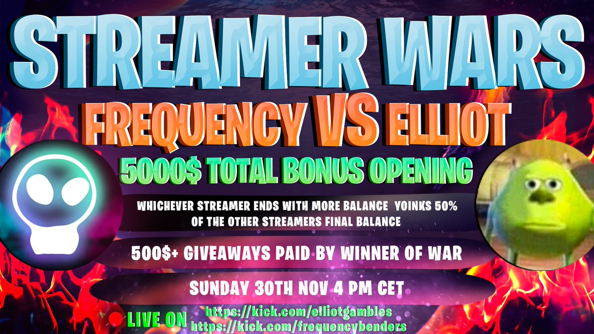 Frequencybendrs's tweet image. ⚠️$5,000 STREAMER WAR — FREQUENCY VS ELLIOT⚠️
$5,000 bonus opening 
$500+ in giveaways paid by the winner! 👑🔥
📅 Sunday, Nov 30 — 4 PM CET
🎥 LIVE on Kick:
kick.com/frequencybende…
kick.com/elliotgambles

🚨$25 ETH GIVEAWAY🚨
1⃣ Like &amp;amp; Retweet 🫶
2⃣ Follow @Frequencybendrs!…