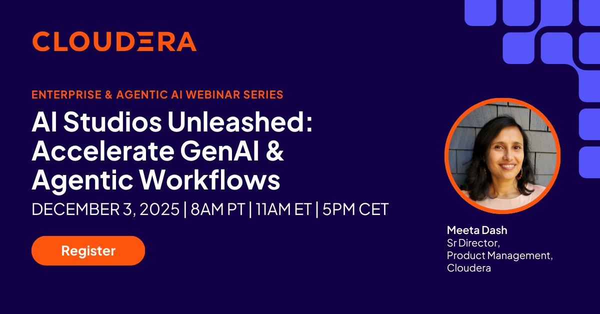 cloudera's tweet image. Here&apos;s your chance for a deep dive into Cloudera AI Studios. Sign up to see how users of all skill levels can accelerate the design, build, and deployment of complex AI workflows: bit.ly/43NmZ8o