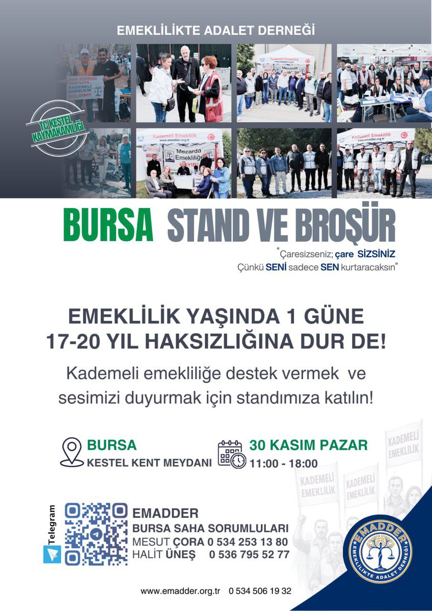 🔥 BURSA! ADALETSİZLİĞE KARŞI AYAĞA KALK! 

Emeklilikte 1 gün için 17–20 yıl beklemek kader değildir!
Bu adaletsizliğe artık susmuyoruz, boyun eğmiyoruz, vazgeçmiyoruz!

📣 Kademeli emeklilik istiyoruz!
📣 Emeğimizin karşılığını istiyoruz!
📣 Geleceğimizi geri istiyoruz!

Eğer