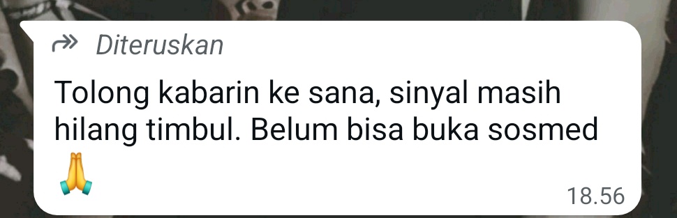 Alhamdulillah, kami baru saja mendapatkan informasi baik dari <a href="/jars_medan/">Jars Medan</a> bahwa mereka telah berhasil mendapatkan kabar bahwa Dina Utami sudah membalas pesan. Kabarnya terlah terisolasi selama 2 hari dalam keadaan listrik padam sehingga tidak ada sinyal. Mohon doanya Jars, agar