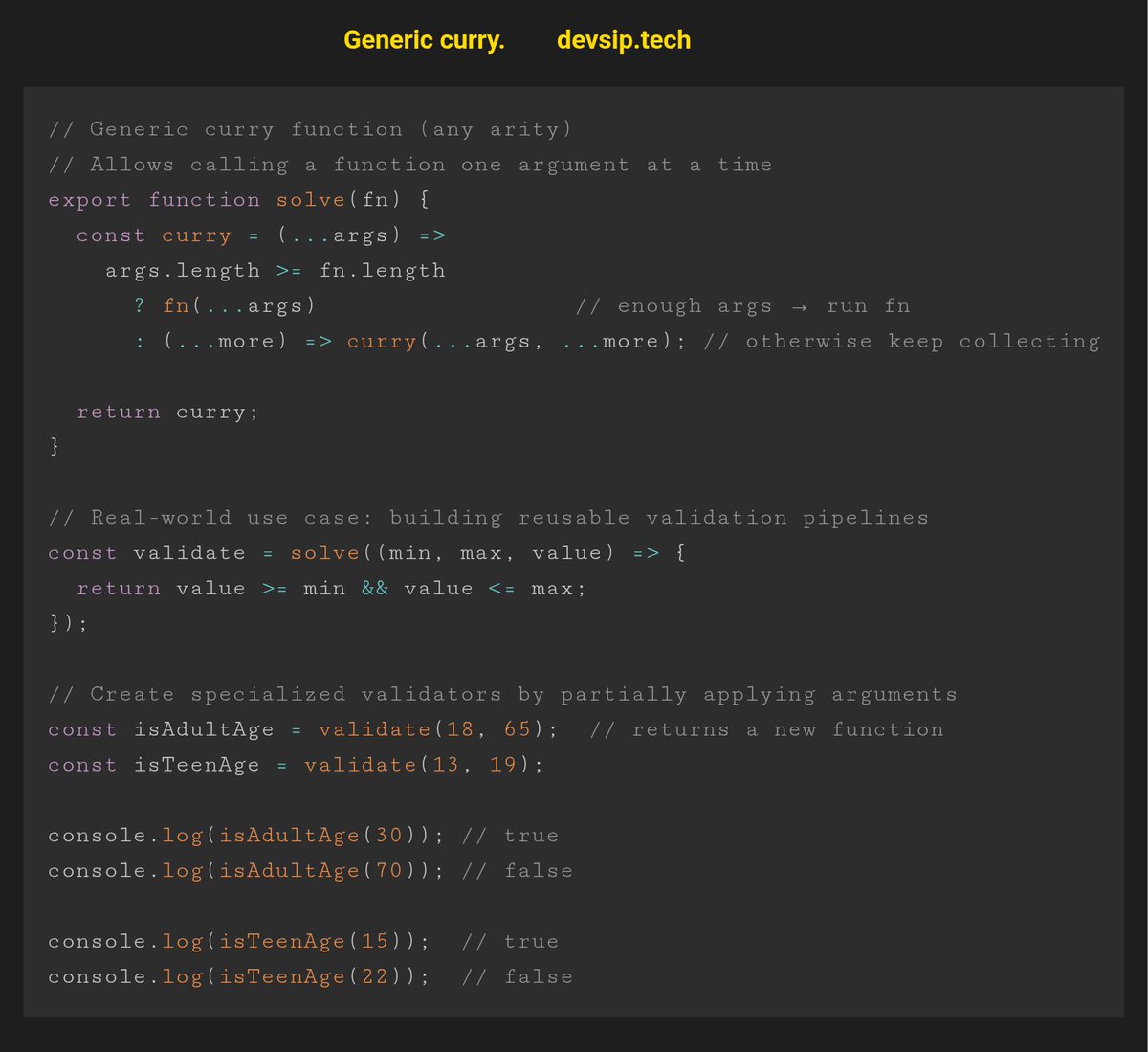koomekelvink's tweet image. Turn one generic function into infinite reusable mini-functions.

Validation, formatting, math, business logic — curry lets you build logic step-by-step, cleanly.

Tiny helper. Massive leverage. 💡

#JavaScript #FunctionalProgramming #CleanCode #WebDev #DevTips