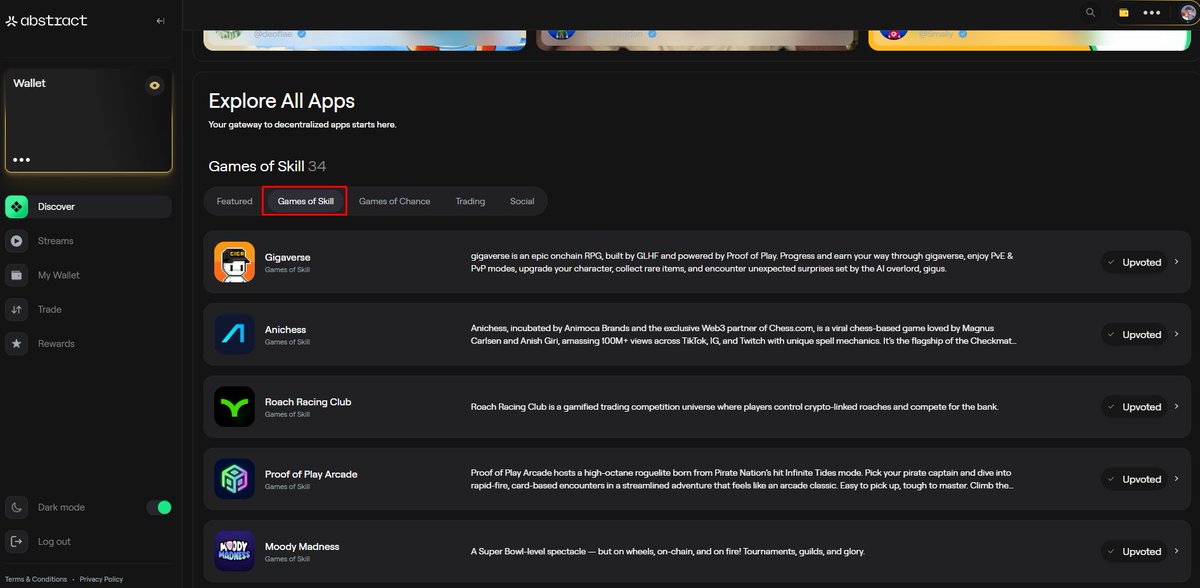 bizbrainzuni's tweet image. Have you guys noticed something new cooking on @AbstractChain 👀

They’ve just added more detailed categories for projects, making it easier for everyone to choose their favorite products:
• Featured
• Games of Skill
• Games of Chance
• Trading
• Social

Btw, when do you…