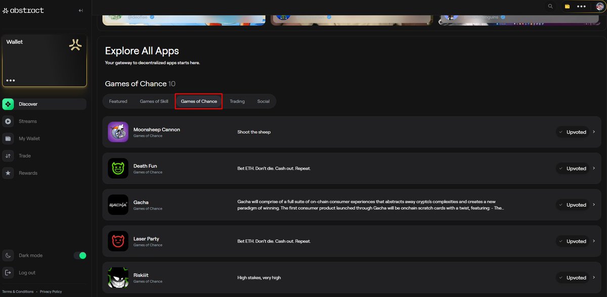 bizbrainzuni's tweet image. Have you guys noticed something new cooking on @AbstractChain 👀

They’ve just added more detailed categories for projects, making it easier for everyone to choose their favorite products:
• Featured
• Games of Skill
• Games of Chance
• Trading
• Social

Btw, when do you…
