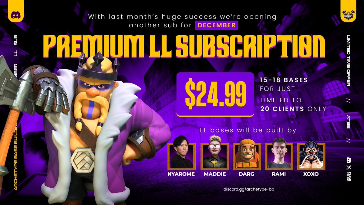 archetype_bb's tweet image. December LL Subscription is HERE! ⚔️🔥

Last month’s sub was insane—check feedback 📊

Team: @NYAROME_coc • @madbasebymaddie • @DargCoc • @Raami07_ • @Xoxo_COC1 👑

Slots limited—pre-book now!
Join discord - discord.gg/archetype-base… to book slots

#ClashOfClans #LL #COC #Bases