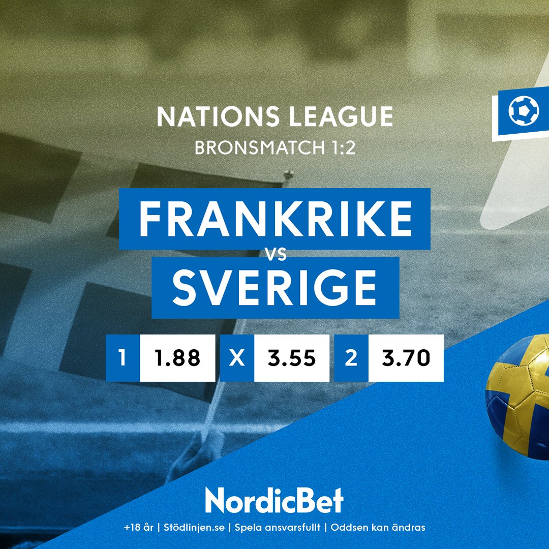 Bronsmatch 1 av 2 borta mot Frankrike i kväll. Tror du det blir svensk medalj i Nations League? 🥉

Avspark 21.10! 🇫🇷🇸🇪

Oddsen: go.nordicbet.com/nations-league…

+18 år | stödlinjen.se | Spela ansvarsfullt