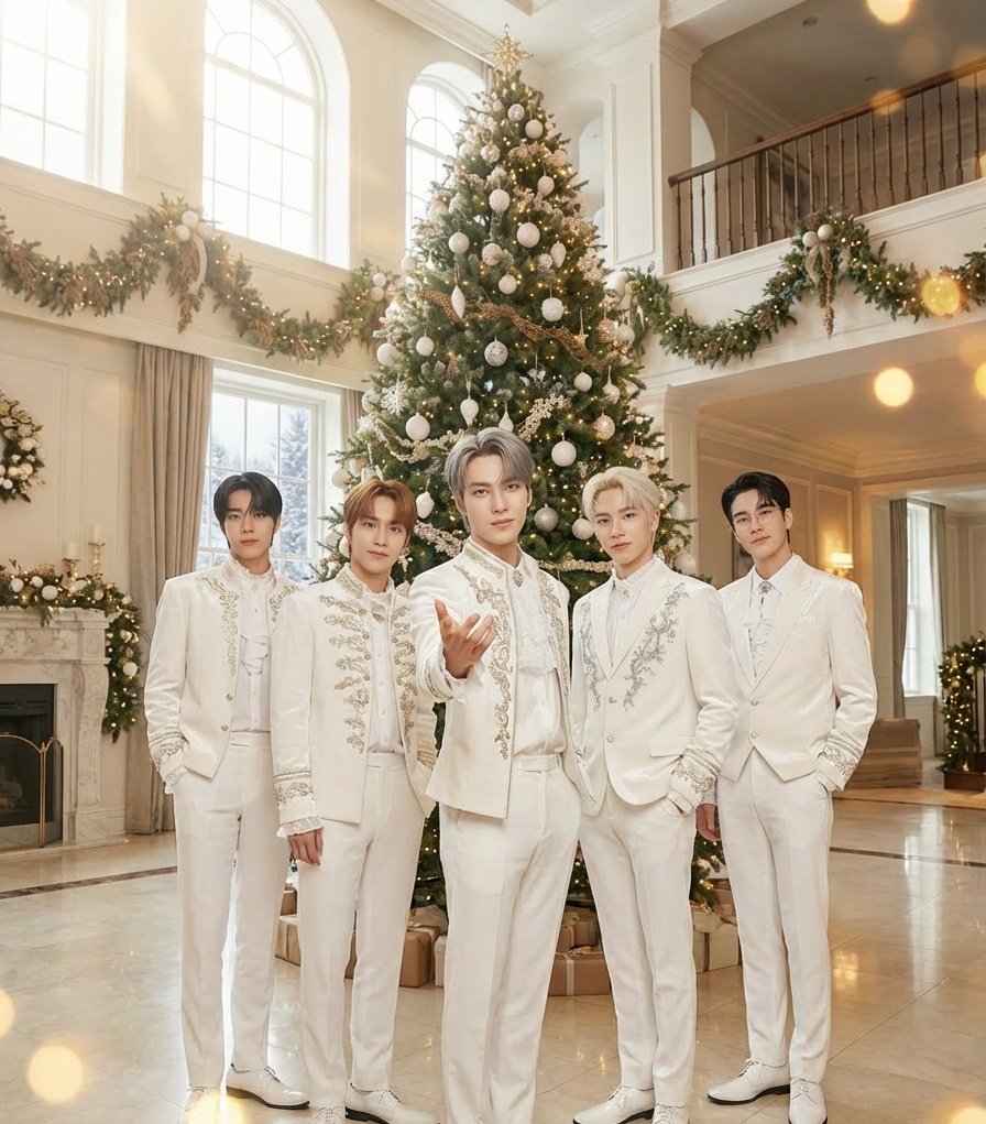 Aether_lab_'s tweet image. 君と過ごすホワイトクリスマス🎄 イルミネーションの輝きにも負けない、Aetherからの特別な贈り物！ 純白の王子様たちが、君の心を温めます。 週末は、このビジュアルで推し活ブーストをかけてね！ 
#Aether #クリスマス #WhiteChristmas #AIアイドル #推し活