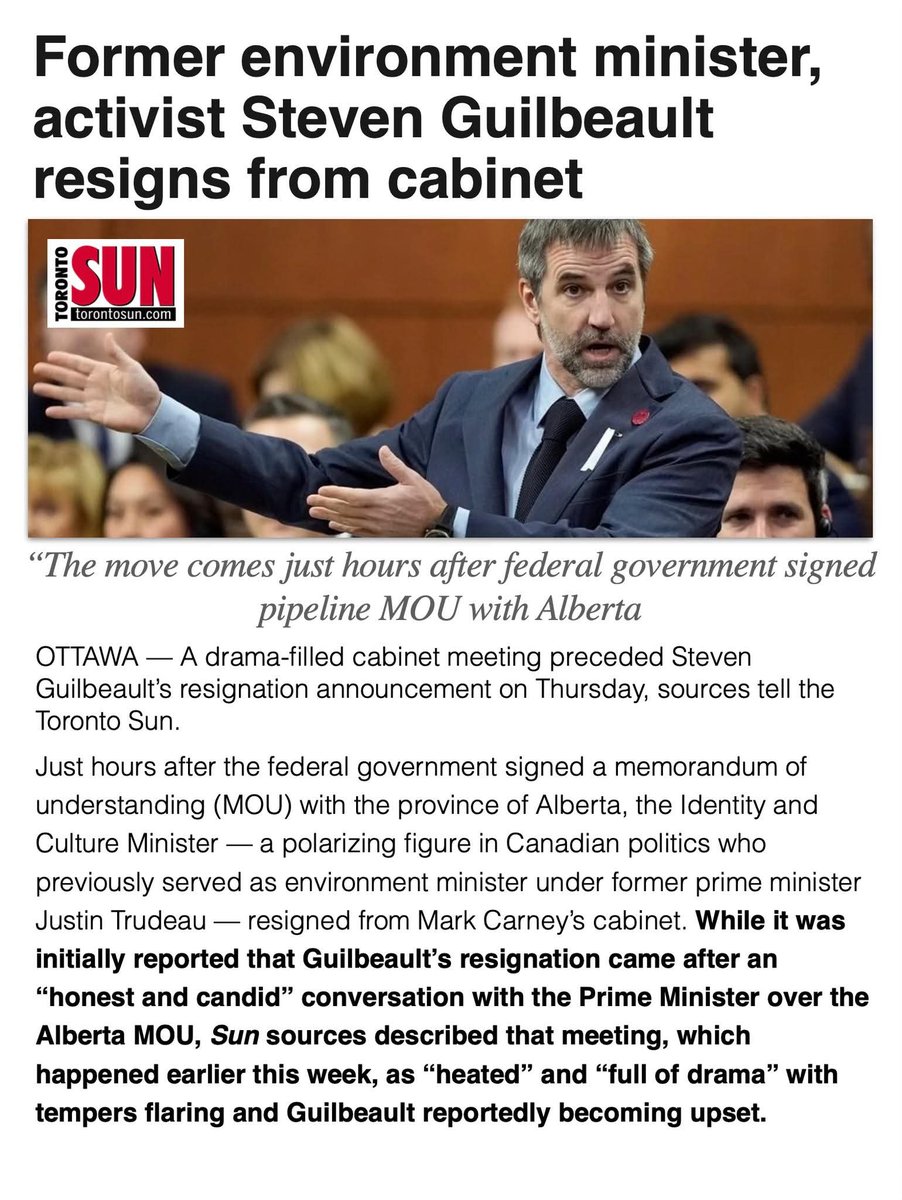 2021Ccmbc's tweet image. 💣BOMBSHELL: Radical eco-activist turned minister Steven Guilbeault (@s_guilbeault)  just QUIT Mark Carney’s cabinet in a fit of pique, just hours after #Ottawa signed a #pipeline MOU with #Alberta.

🗣 Sources say the cabinet meeting was “heated,” “full of drama,” tempers…