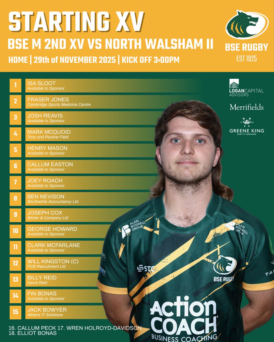TEAM ANNOUNCEMENT

Men's 2nd XV 🆚 North Walsham II
📅 Saturday 29th November
🕒 3.00 pm KO
📍 Greene King IPA Haberden
🏆 Counties 1 Eastern Counties

#Rugby #CommunityFirst #OneClub #morethanjustarugbyclub #BSERugby