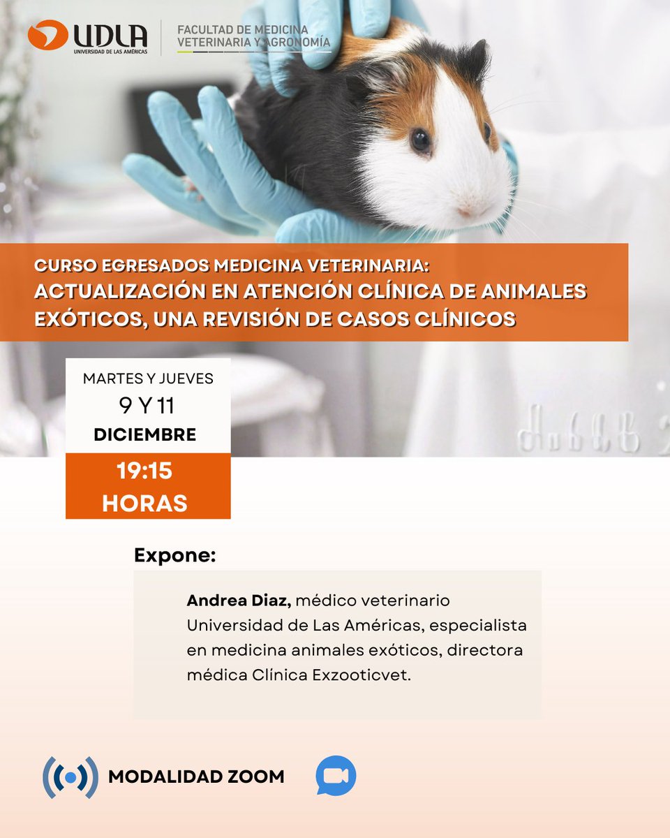 📣 Este 9 y 11 de diciembre a las 19:15 horas, la especialista en animales exóticos Andrea Díaz dictará el curso Actualización en atención clínica de animales exóticos: revisión de casos clínicos. 

🔗 Inscripciones: udla.zoom.us/webinar/regist…

 #EgresadosUDLA #AnimalesExóticos