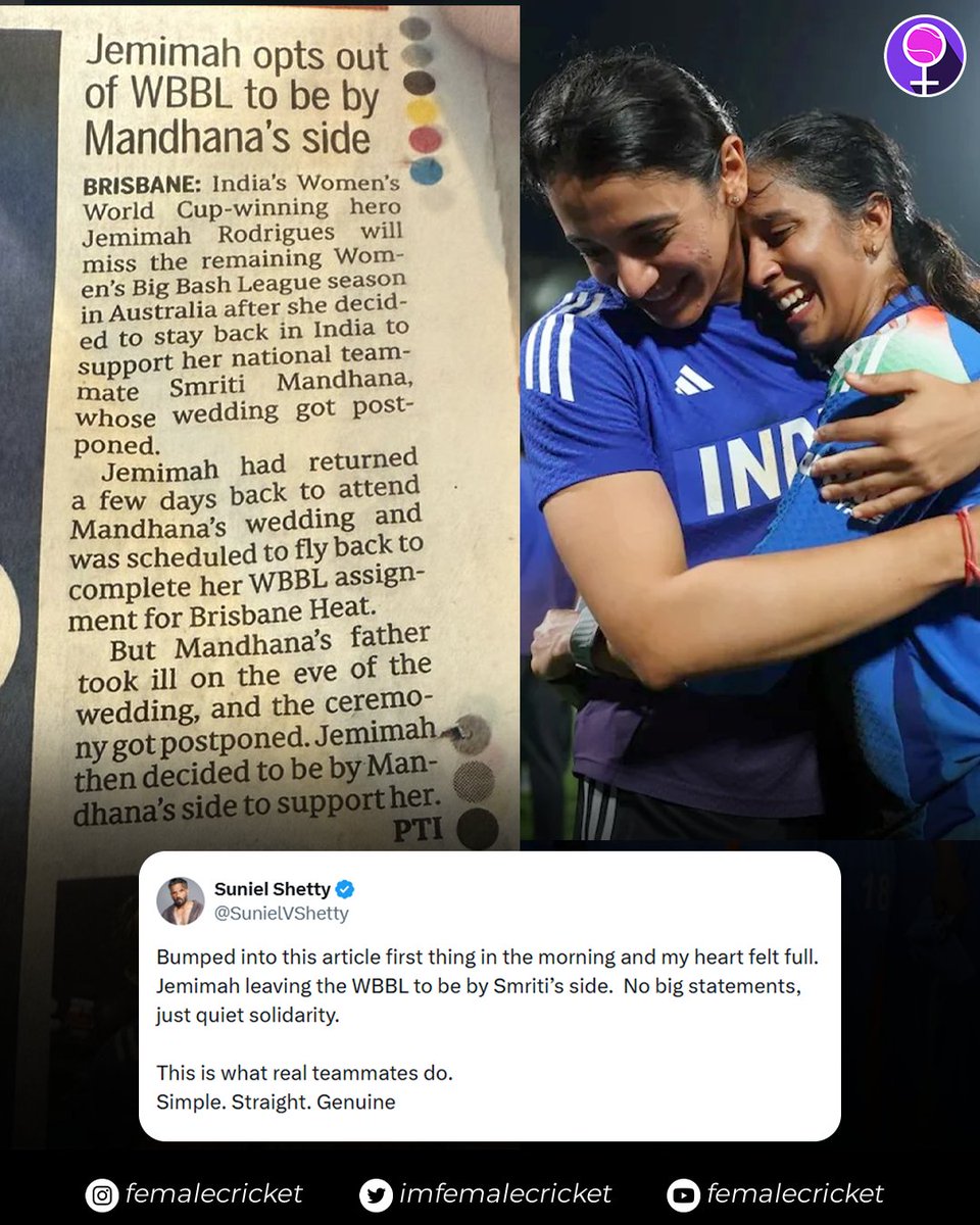 imfemalecricket's tweet image. "Quiet solidarity" 💬

Suniel Shetty applauds Jemimah Rodrigues' after she opts out of the WBBL to support Smriti Mandhana.

#CricketTwitter