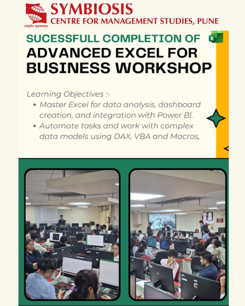 SCMSPune's tweet image. Empowering our students with industry-ready skills!
SCMS, Pune conducted an Advanced Excel Workshop, equipping students with practical tools, data-driven insights, and hands-on problem-solving techniques for the modern workplace
#SCMSPune #advancedexcel