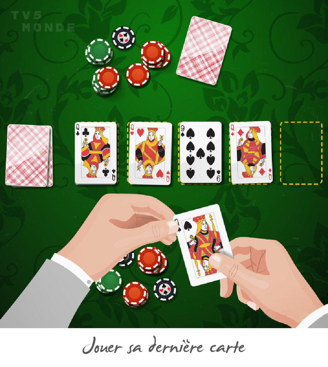 TV5MONDEAsia's tweet image. 🃏 Jouer sa dernière carte
➡ Epuiser ses dernières ressources.
Ex. Il a déjà tout tenté, mais là, il joue vraiment sa dernière carte.
#expressiondenombre #expression #fle