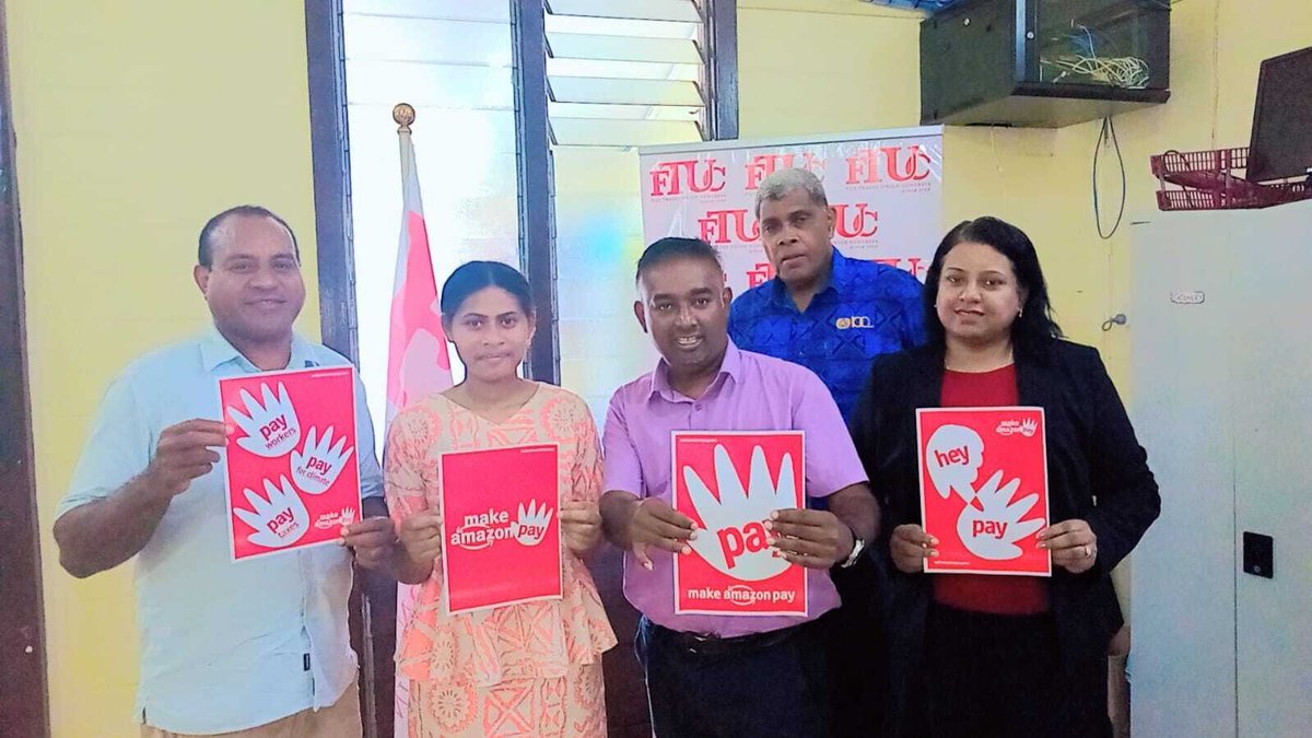 ProgIntl's tweet image. Workers and activists in Fiji 🇫🇯 join the campaign to #MakeAmazonPay.