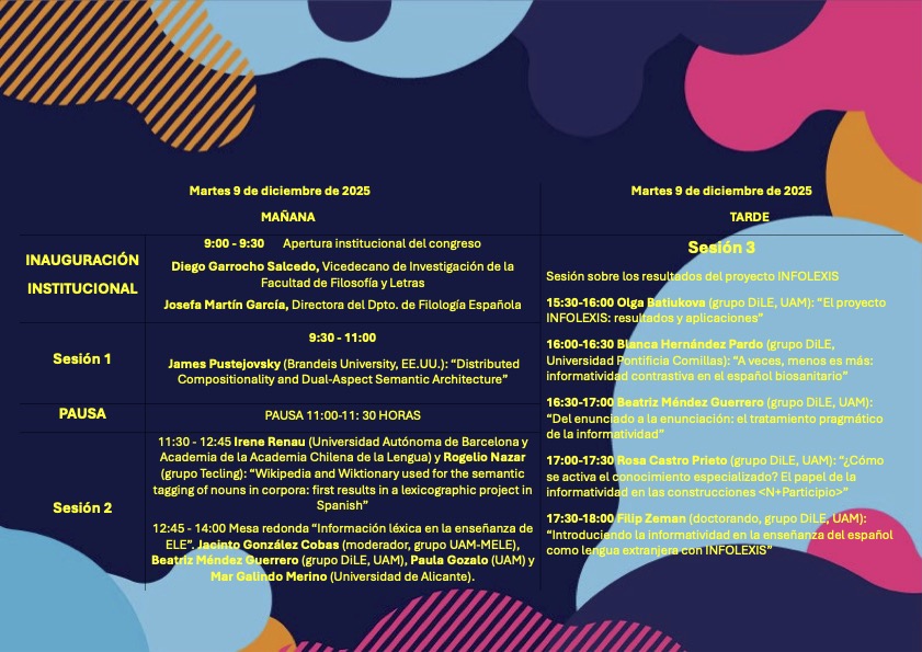uamhispanicas's tweet image. Los días 9 y 10 de diciembre tendrá lugar el Congreso Internacional “Informatividad en la lingüística teórica y aplicada: conocimiento léxico, sintáctico y pragmático” en el salón de actos. ¡No os lo perdáis!
Toda la información 👇🏽
#Lingüística #Corpus #Investigación #INFOLEXIS