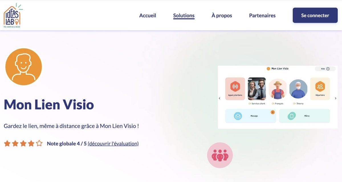 monlienvisio's tweet photo. La plateforme LEONARD de l'autonomie et du maintien à domicile IDEASLAB par @Adapei de la Meuse vous fait découvrir @monlienvisio, la solution innovante répondant aux  difficultés pour rester autonome à la maison. https://t.co/bp7aVbLd6s  Une note de 4/5 !!! https://t.co/ifZJCVtrGD