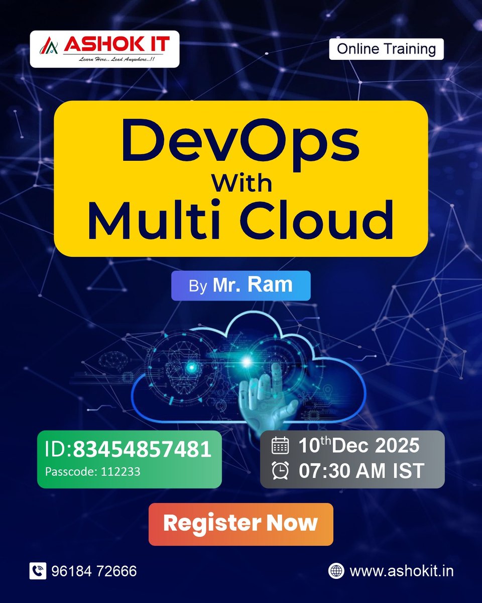 ashokitschool's tweet image. 🚀Transform Your IT Career with DevOps &amp;amp; Multi-Cloud Skills
.
📲 Register Now: tr.ee/5xpuxs
.
👨‍🏫 Trainer: Mr. Ram
📅 Date: 10th Dec
⏰ Time: 07:30 AM IST
🏫 Mode: Online Training
.
#DevOps #MultiCloud #CloudEngineer #AWS #Azure #GCP #DevOpsTraining #AshokIT