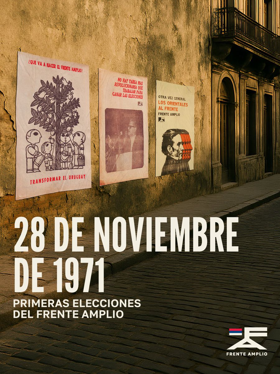 Frente_Amplio's tweet photo. El 28 de noviembre de 1971 fue la primera presentación electoral de nuestra fuerza política, con la candidatura presidencial del general Liber Seregni.

Desde 1999 somos la principal fuerza política del país, gobernando por cuarta vez gracias al respaldo de las y los uruguayos 🇺🇾🔴🔵⚪️