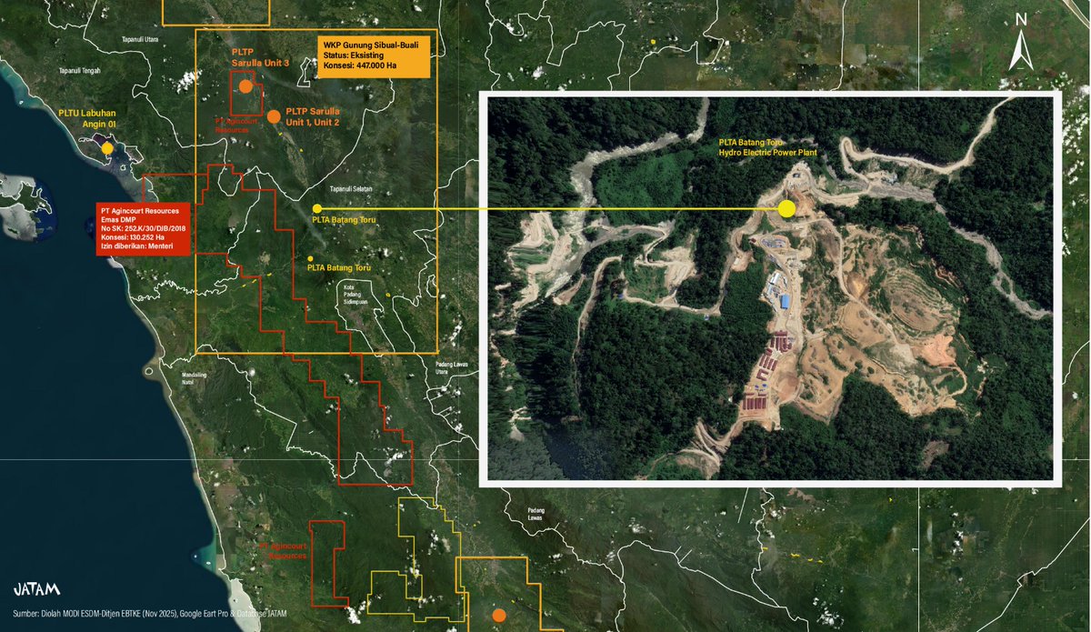 Selain tambang, Sumatera juga digempur 28 proyek PLTA: 16 titik di Sumut, 5 di Bengkulu, 3 di Sumbar, 2 di Lampung, dan 2 di Riau. Hampir seluruh pegunungan dan hulu sungai didesak menjadi “pabrik listrik” yang sarat risiko ekologis.​

Di Batang Toru, PLTA Batang Toru dan