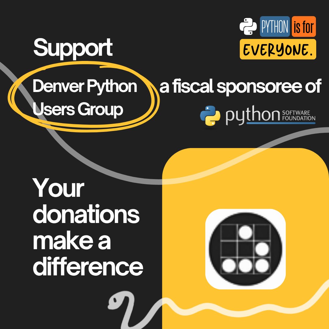 ThePSF's tweet photo. Support the Denver Python User Group, a PSF Fiscal Sponsoree, and help keep local #Python learning accessible to all. From weekly project nights to monthly talks, they create welcoming spaces- because Python is for everyone 🐍✨

Donate today: https://t.co/PxFpRVGn3W 

#PythonForEverone