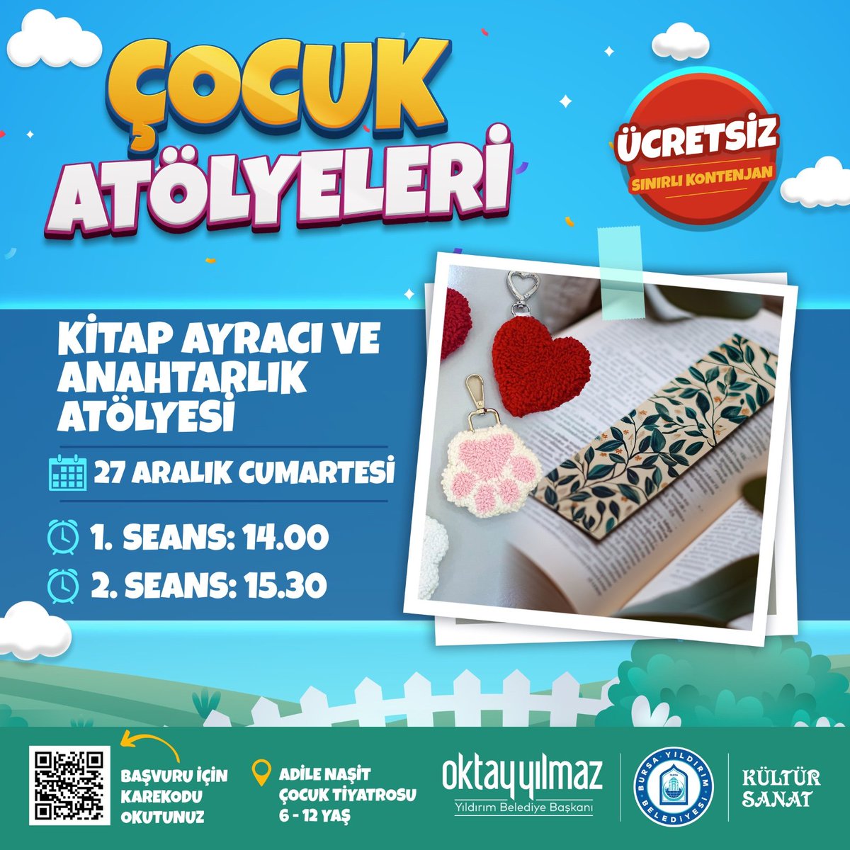 Hayal gücünüzü ve yaratıcılığınızı bir araya getirecek atölyelerimiz sizleri bekliyor çocuklar! 📢

🎨 Geri Dönüşüm Atölyesi
🖌️ Çocuk Sanat Atölyesi
🎭 Kukla Atölyesi
📚 Kitap Ayracı ve Anahtarlık Atölyesi

🔗forms.gle/z3XhRwpq5e5zij…