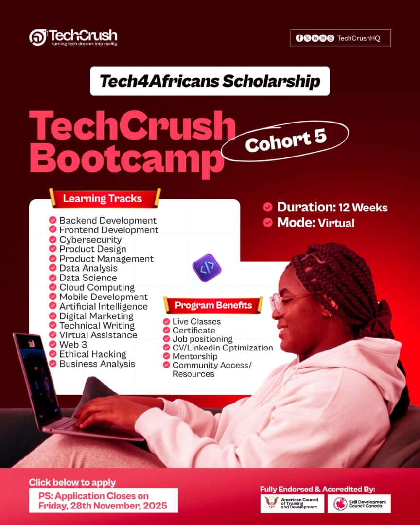 JobBusStop's tweet image. Enroll for the @TechCrushHQ  Next Scholarship Cohort!

Tech Fields:
-Data Science 
-Digital Marketing 
-Frontend Development 
-Backend Development 
-Ethical Hacking 
-Technical Writing 
-Cybersecurity 
-Technical Writing etc

Apply for FREE Here: techcrush.pro/scholarship/ap…