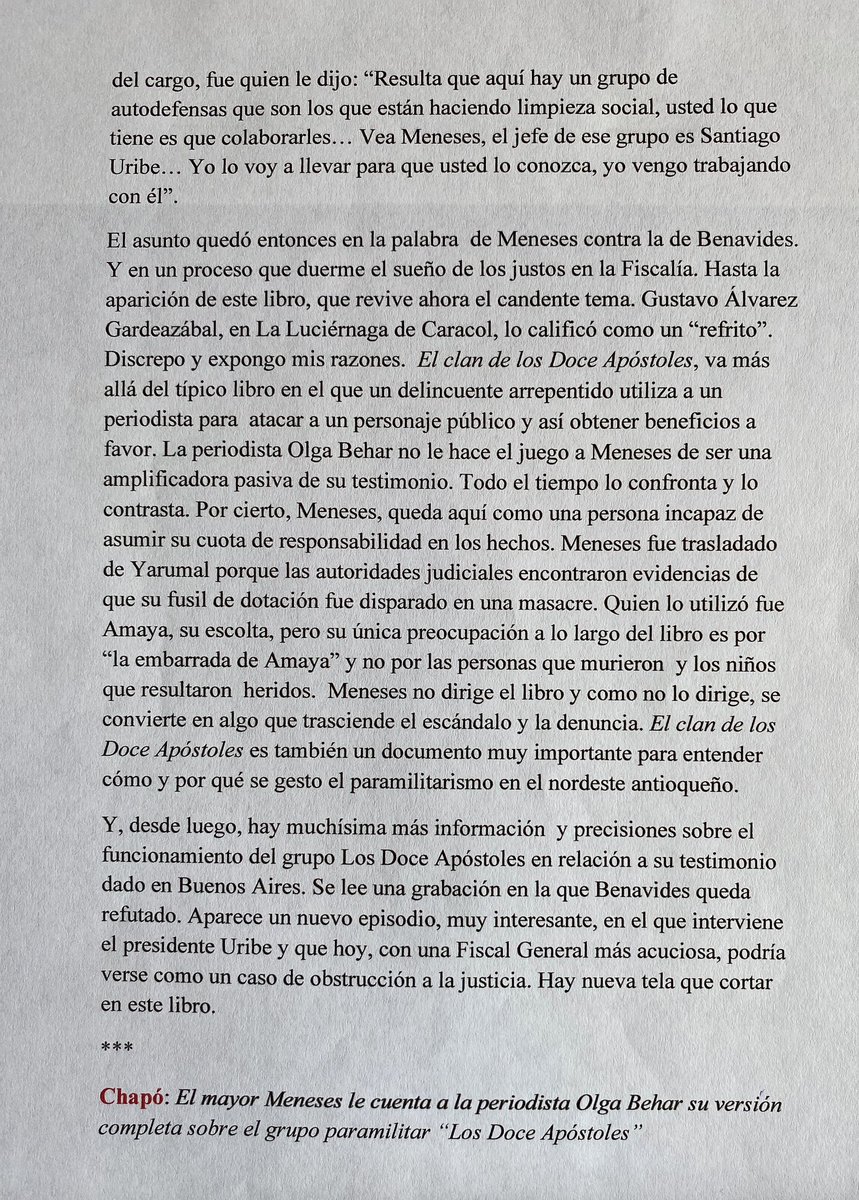 En 2011 publiqué un reseña sobre el libro El clan de los 12 apóstoles, de Olga Behar, en la <a href="/RevistaSemana/">Revista Semana</a> A propósito de la condena, la busqué en los archivos digitales para compartirla, como he hecho otras veces, pero no aparece, qué raro. Comparto entonces el mío: