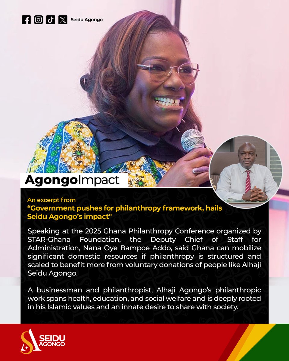 officialagongo's tweet photo. Government pushes for philanthropy framework, hails Seidu Agongo’s impact

The government has called for a national legal framework to coordinate philanthropic efforts and align them with Ghana’s development priorities, citing the growing influence of private giving. https://t.co/KEhRbPi6xp
