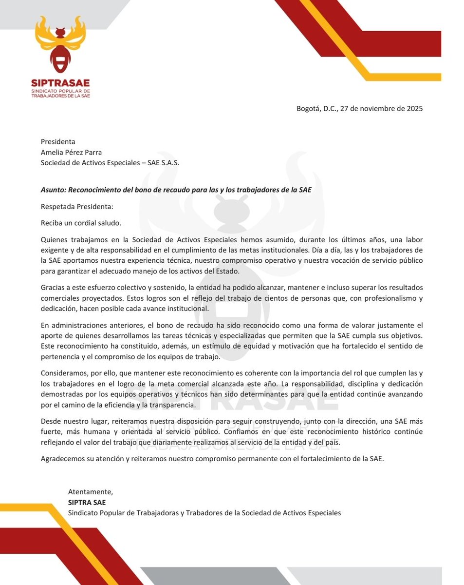 🫡 Este año, la <a href="/activosSAE/">Sociedad de Activos Especiales</a> logró cumplir nuevamente su meta comercial de cerca de 937 mil millones de pesos, como fue anunciado por la entidad recientemente, lo que habría sido imposible sin el esfuerzo de sus trabajadoras/es, especialmente de los/as menos remunerados. 

Hoy,
