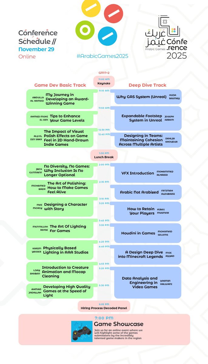 The full schedule for Arabic Games Conference 2025 is now live! 
Check out all the sessions and plan your day here 👉 arabic.games/schedule
We can’t wait to see you there TOMORROW! 
#ArabicGames2025 #AGC25 #عَرَبِكْ_غيمز