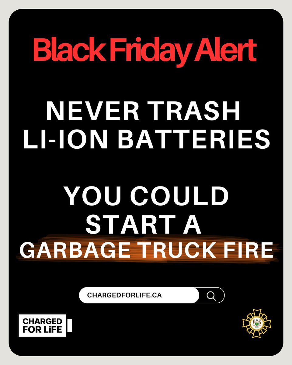 NEVER put old lithium-ion batteries (from phones, tools, e-scooters) in the trash or regular recycling. Crushed batteries ignite, risking workers &amp; property.

Take rechargeable batteries to a designated drop-off.

Learn more at ChargedForLife.ca

#RecycleRight #BlackFriday