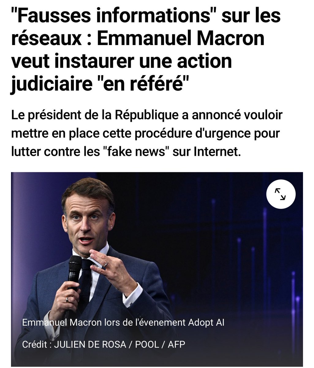 🔴 Macron veut mettre en place une procédure d’urgence pour lutter contre les « fake news » sur Internet. 🤡

La réciproque doit évidemment être valable aussi : nous, Français, devons avoir le droit de poursuivre en justice Macron, ses ministres, ses porte-parole, les médias