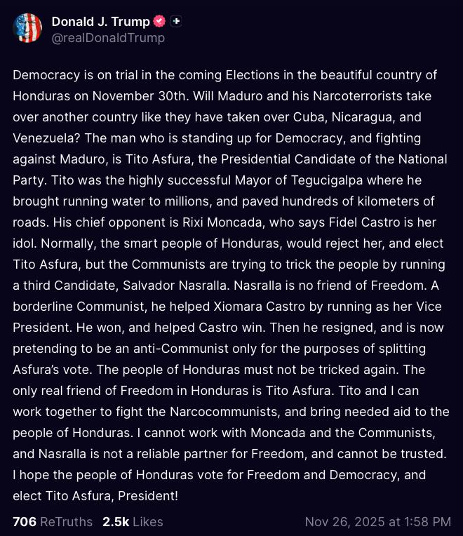 BenjaminNorton's tweet image. Trump is blatantly meddling in Honduras&apos; elections, which will be held on November 30.

Trump is campaigning for the candidate of the corrupt, pro-US, right-wing National Party, which is closely linked to drug cartels. Its ex leader was jailed for trafficking 400 tons of cocaine.