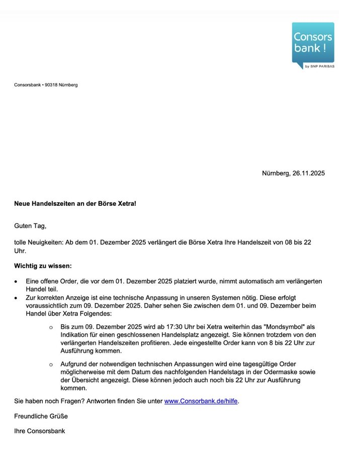Muhamma06606683's tweet image. #Servicetweet für Kunden bei Consors . Ich denke, die anderen Banken werden ebenfalls diese Umstellung durchführen. #XETRA bis 22:00 Uhr 🌺