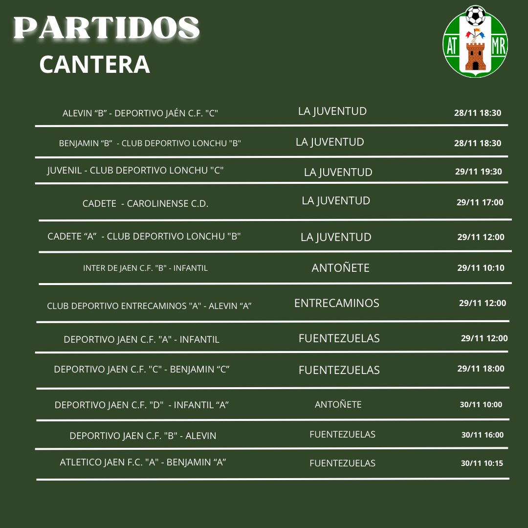 ℂ𝔸ℕ𝕋𝔼ℝ𝔸 𝕍𝔼ℝ𝔻𝔼

PARTIDOS DE NUESTRA CANTERA PARA ESTE FIN DE SEMANA💚⚽️

#CanteraVerde 👫

#somosmanchareal💚💜