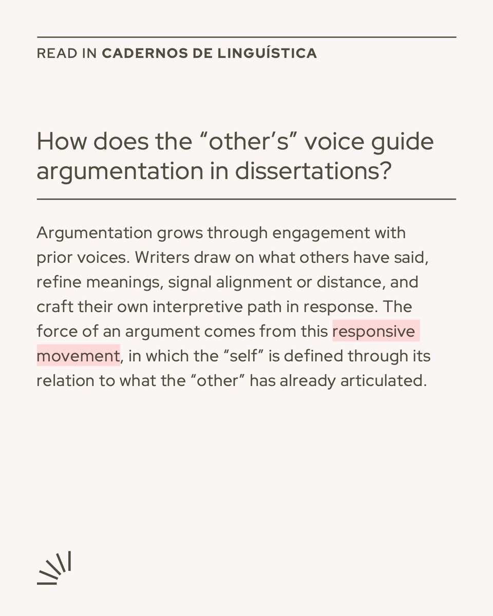 Ângela Alves de Araújo Barbosa studies how academic voices talk to each other inside the theoretical discussion section of dissertations, using Bakhtin and Amossy to show how otherness steers argumentative writing. 
doi.org/10.25189/2675-… 
#linguistics