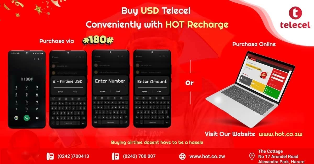 Enjoy convenience at your fingertips when you buy Telecel USD airtime using HOT Recharge. Registered vendors simply dial *180#. Airtime anywhere – anytime.
#TellSomeone
#HOTRecharge