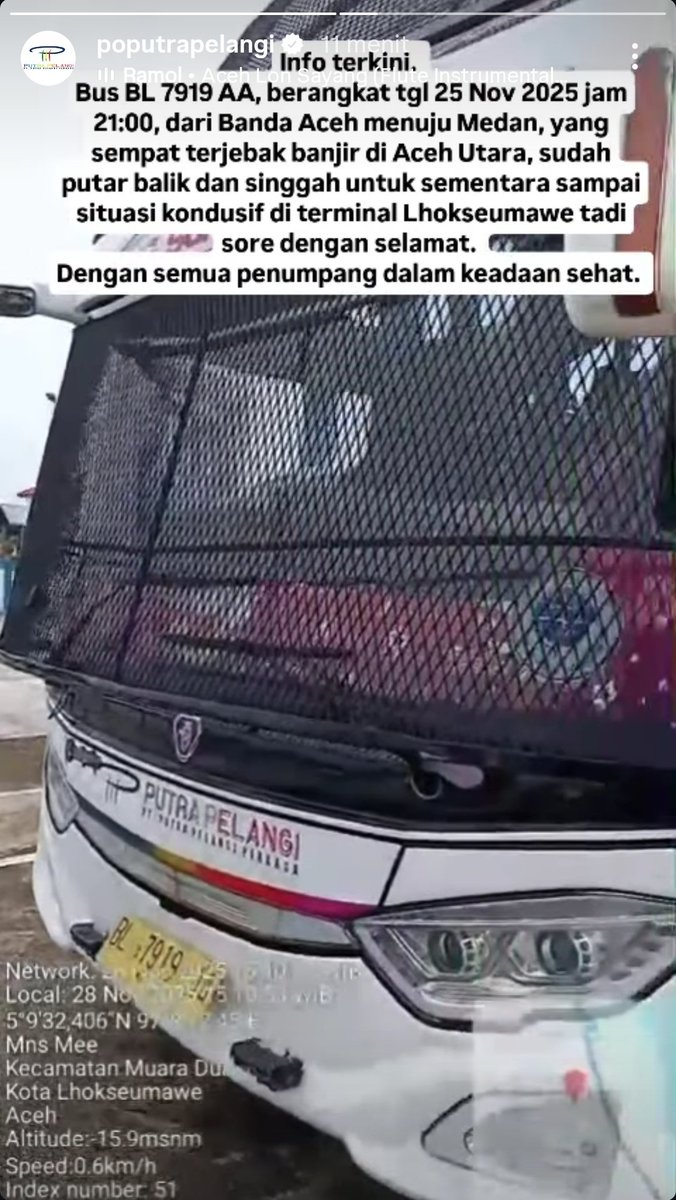 Alhamdulillah bus Putra Pelangi BL 7919 AA yang sebelumnya sempat ramai kondisinya terjebak banjir, sekarang sudah aman di Terminal Lhokseumawe walau kondisinya masih terjebak belum bisa melanjutkan perjalanan ke Medan karena jalur putus. cc <a href="/calomagang/">txt.daricalo</a> <a href="/CaloTerminl/">calo_terminal</a> <a href="/Ccookk_/">&ᴄᴏᴋ </a>